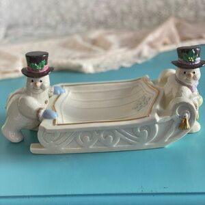 Lenox Snowman Candy Tray with Gold Accents Vintage original box and papers. 2000